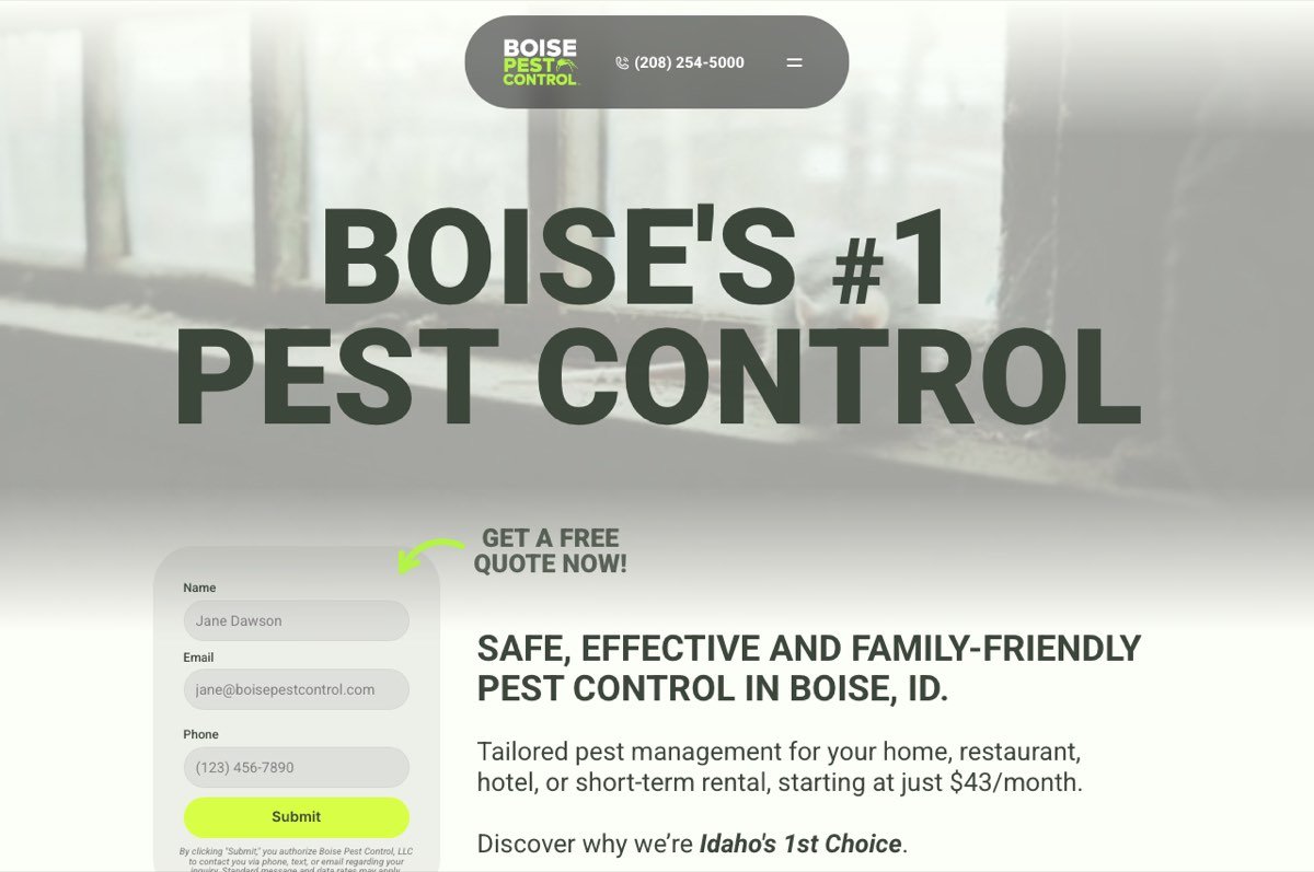 Kuvakaappaus sivustolta: Boise Pest Control